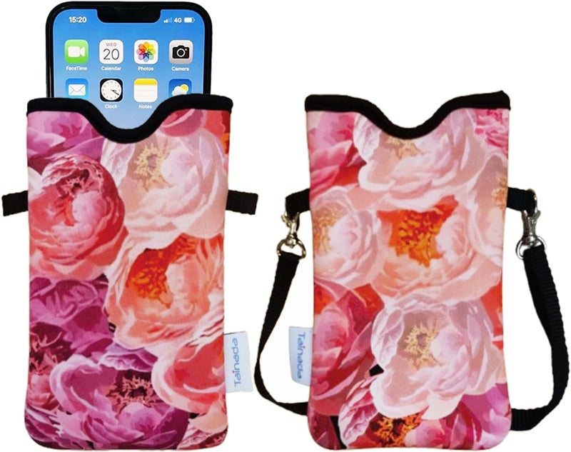 Tainada Men Women Neoprene Cell Phone Sleeve Pouch Case Bag w/Crossbody Strap/Neck Lanyard for iPhone 17/16 Pro Max, Air, 16/15 Plus, 16e, Samsung S25+, S25, S24, A56, Z Fold7 (Red Pink Roses) - Image 1